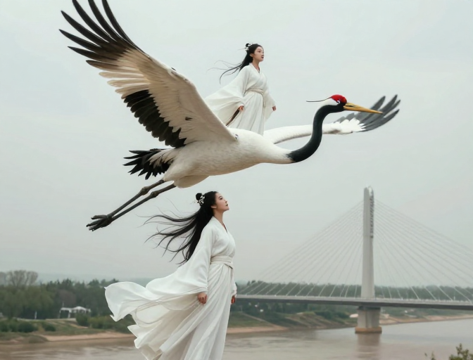 仙鹤载女修凌空翱翔，武侠古风秘境