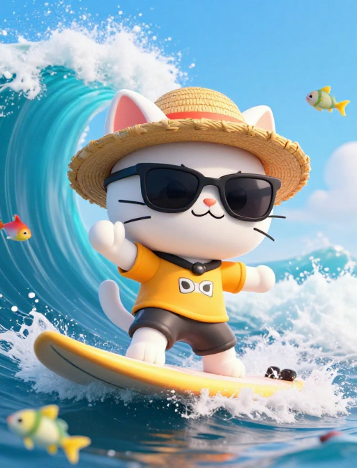 酷炫嘻哈冲浪猫：动态海浪中的3D卡通冒险