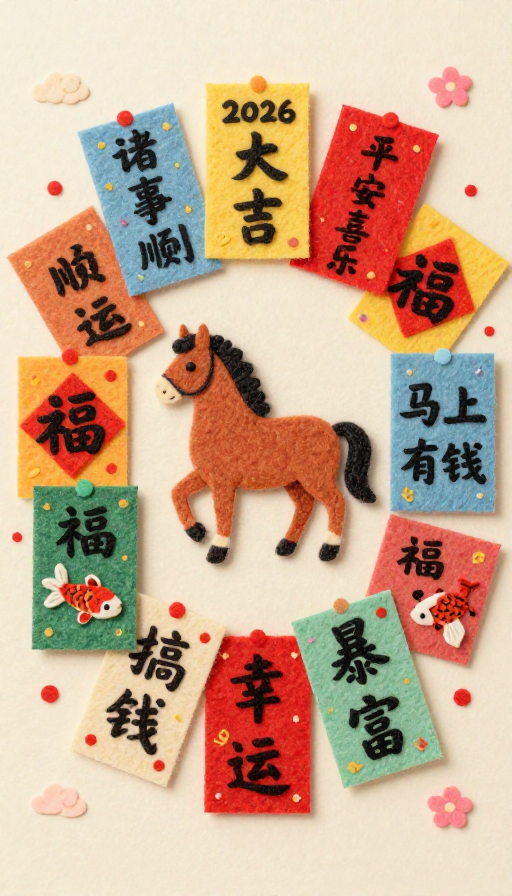 2026新年吉祥祝福毛毡风插画卡片