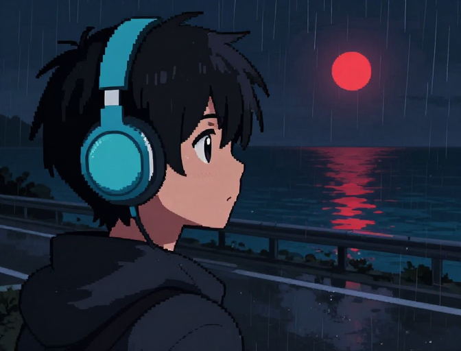 雨夜红月下的像素动漫少年
