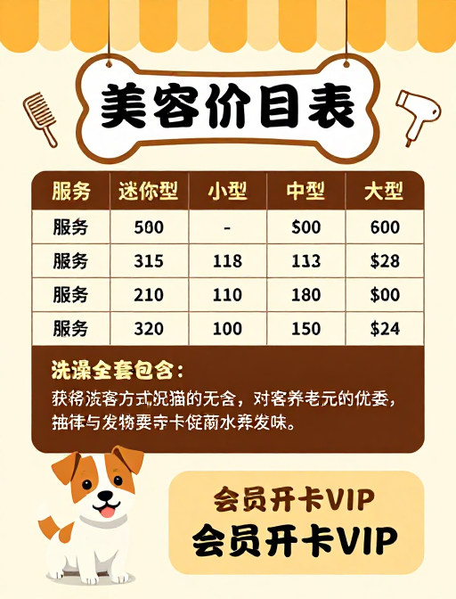 宠物美容价目表海报:温馨设计凸显专业服务与会员优惠