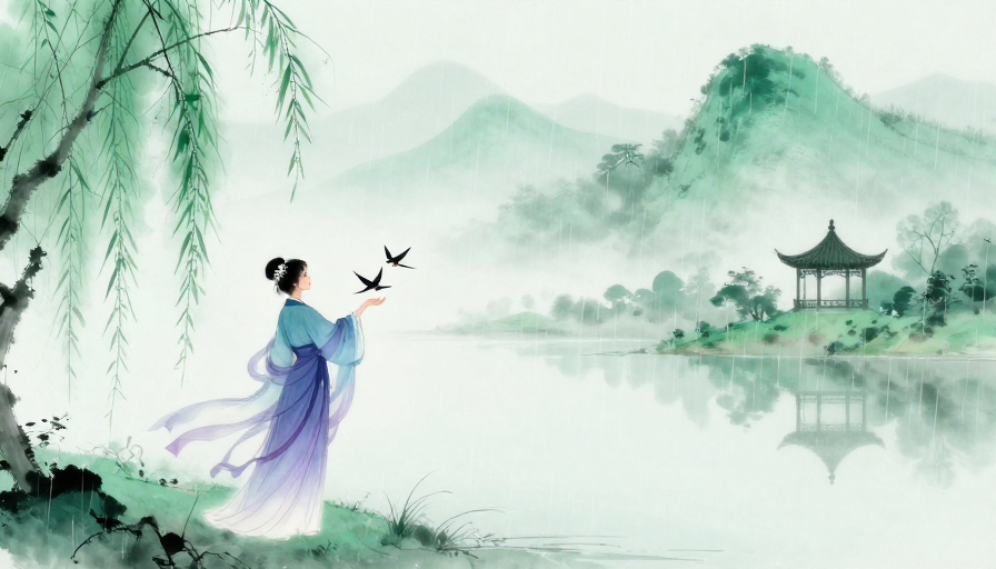 青绿雨雾中的古风诗意水墨画