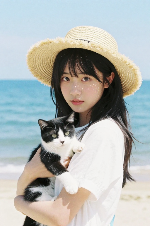 日系海边清新少女与猫的低饱和柔焦人像