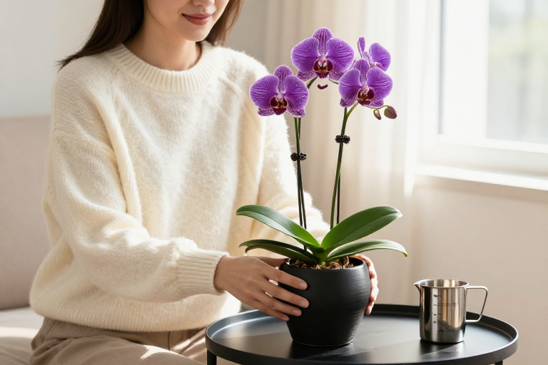 暖光下的静谧生活：紫色蝴蝶兰与柔美瞬间