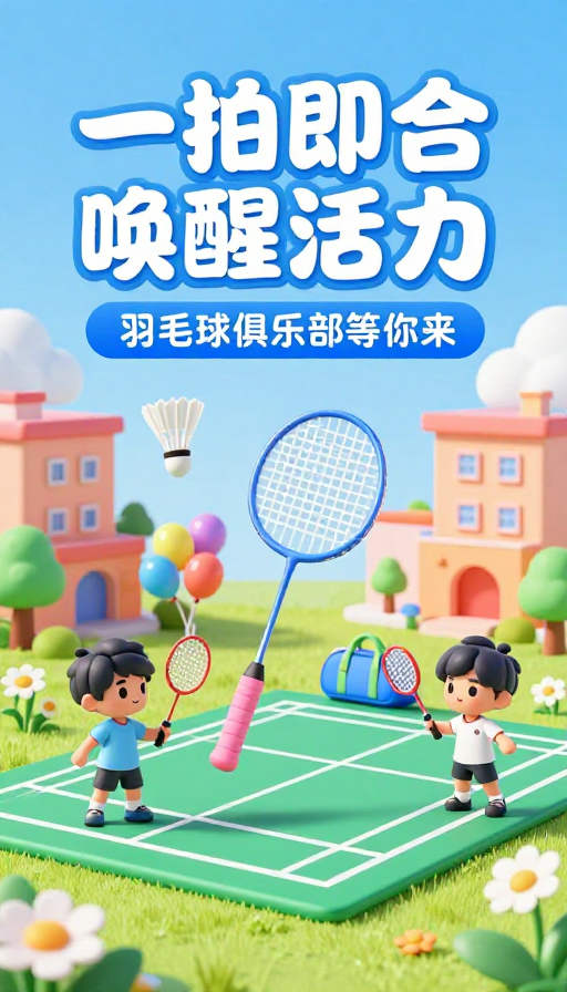 一拍即合唤醒活力——卡通羽毛球俱乐部海报