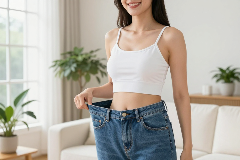 亚洲女性撑开牛仔裤展示腰围变化 健康减脂效果