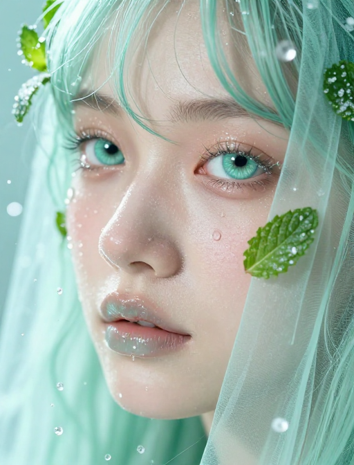 薄荷水润微距肖像：冷调冰晶质感人像摄影