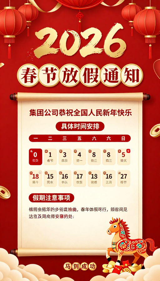 2026春节放假通知海报：喜庆中国风企业公告