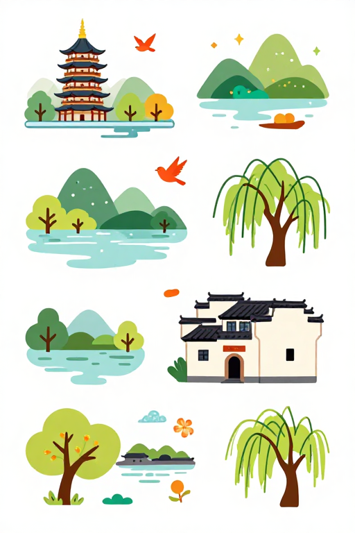 中国古风清新插画：徽派建筑与自然风景的可爱矢量艺术
