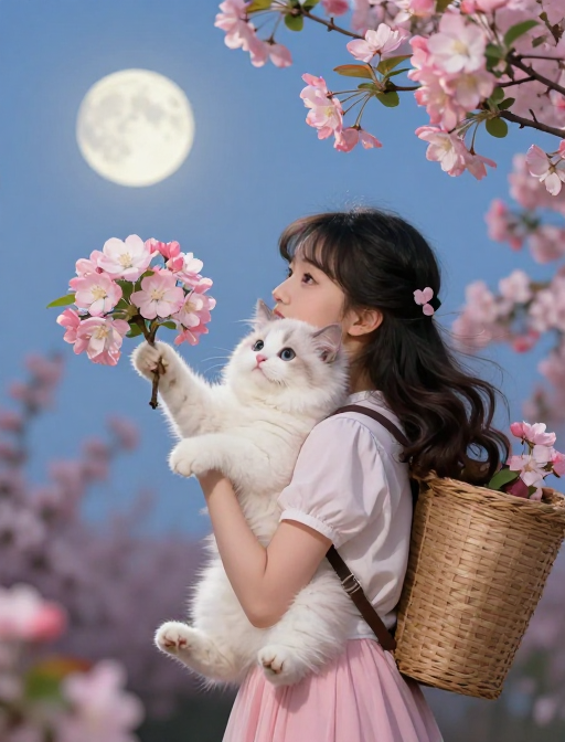 明艳海棠花间：背篓小猫举花美人月夜