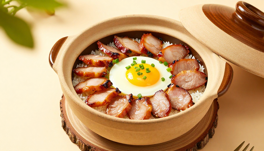 诱人的焦糖叉烧煲仔饭高清实拍，暖光呈现砂锅美食质感