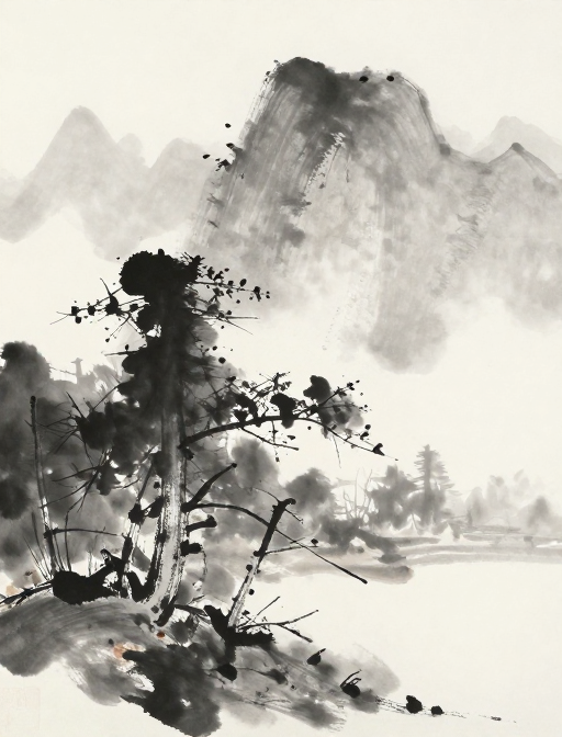 东山魁夷水墨画：雾隐山峦与树影的朦胧美