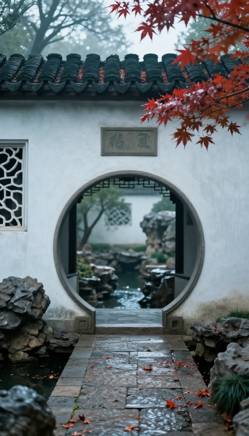 苏式园林静谧晨景：青瓦白墙与落叶涟漪