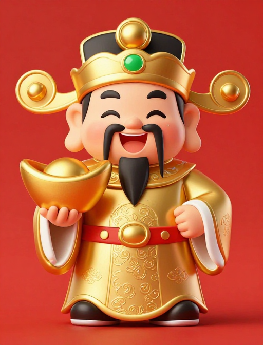 喜庆卡通财神金袍持元宝，新年吉祥