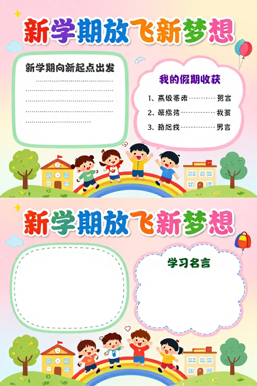 童趣手绘校园海报:新学期梦想启航