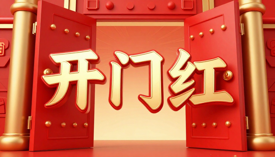 春节开门红主题插画：喜庆红金大门开启好运