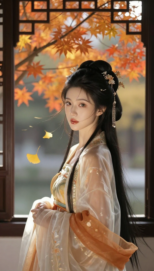 古韵秋景美人图:古风汉服少女窗边秋色