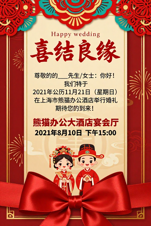 喜庆中式婚礼邀请函:红金配色与书法设计