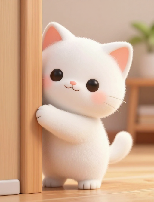 治愈系白色奶猫探头萌照：超高清卡通3D