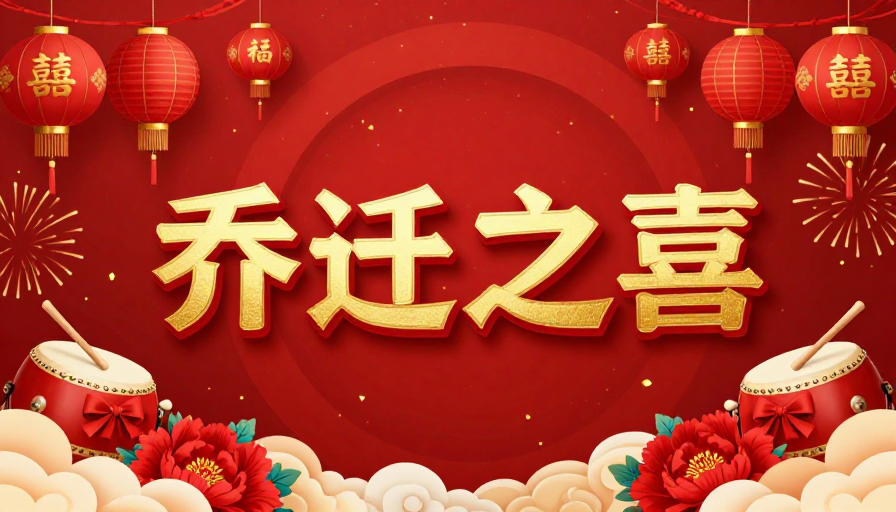 红金中国风乔迁海报，喜庆祥瑞立体艺术