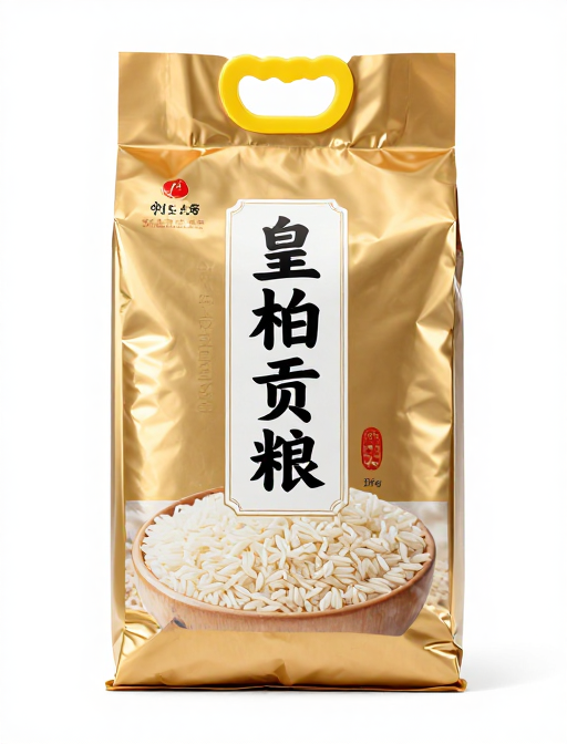 皇柏贡粮大米包装展示：金属铝膜金色高光质感