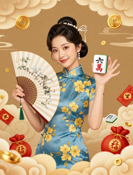 旗袍女子持六万麻将牌庆贺祥瑞