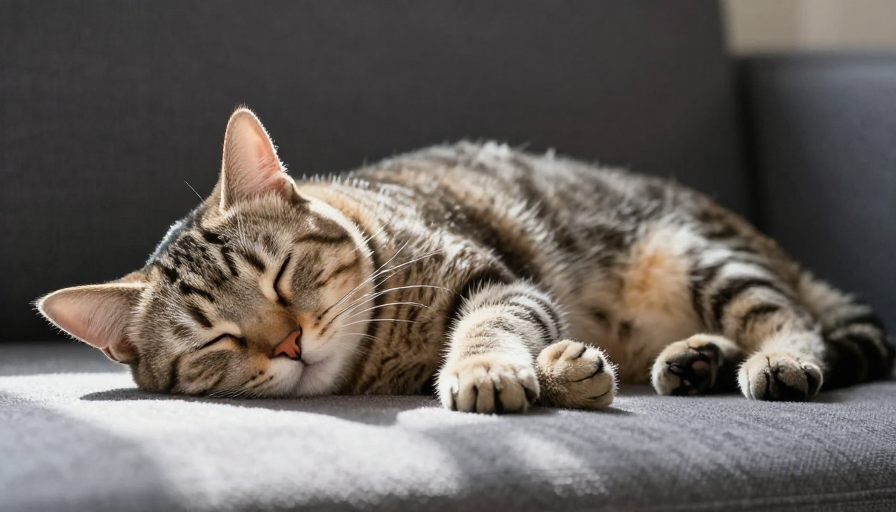 温馨时刻：虎斑猫在沙发上的宁静睡眠