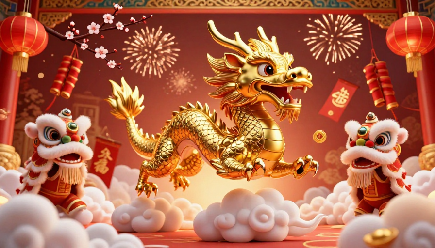金鳞腾云,新春祥瑞:三维卡通龙飞越吉祥祥云