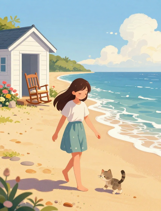 治愈系海边插画：阳光沙滩与猫咪的静谧时光