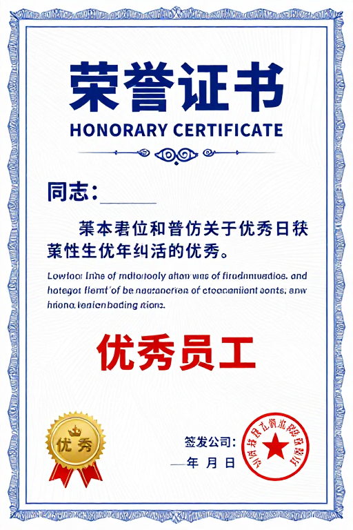 蓝白配色优秀员工荣誉证书海报