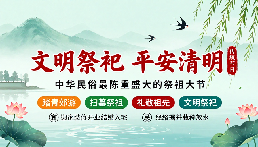 青绿水墨清明风·文明祭祀平安海报