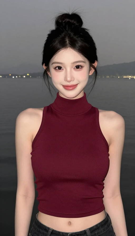 酒红色丝质礼服展现杭州西湖夜色中的现代气质美女