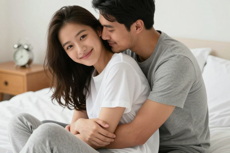 温馨拥抱:亚洲情侣晨间生活瞬间