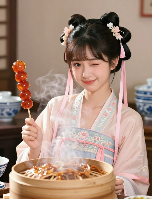 三渲二古风小厨娘立绘:糖葫芦 wink 与青花瓷蒸笼