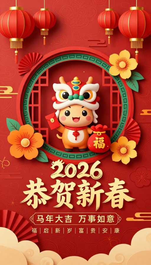 2026中国风卡通马新年海报设计