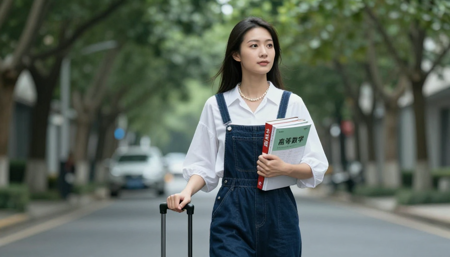 专注学习的亚洲学子:书本与行李箱的都市学习瞬间