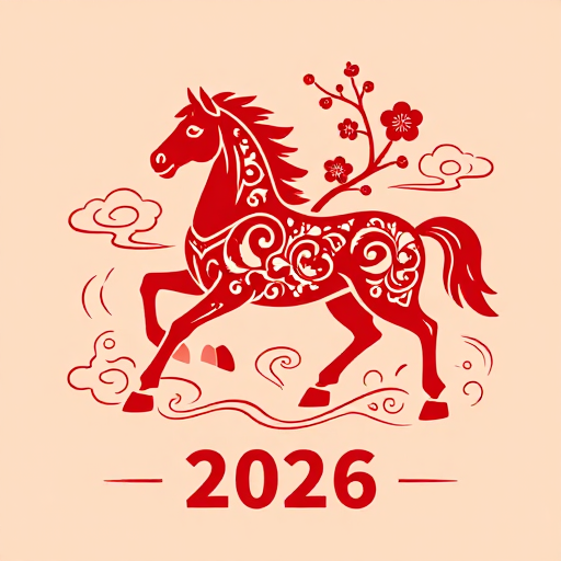 中国风红色骏马插画，2026新年祝福