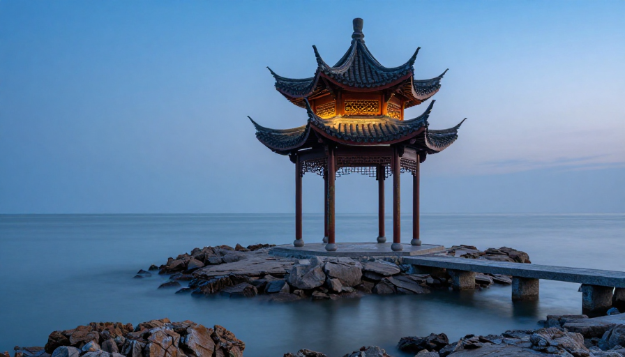 暮色海礁上的中式飞檐亭阁：东方美学意境