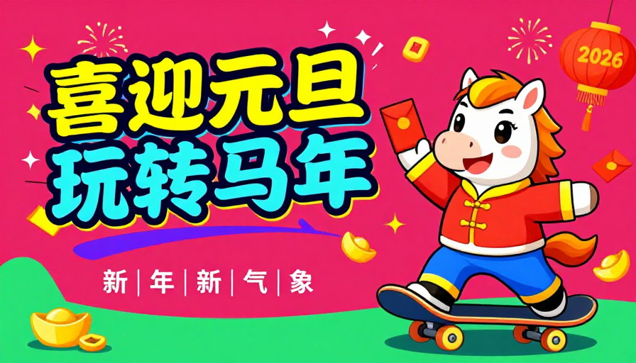 元旦马年双喜临门 潮流插画海报