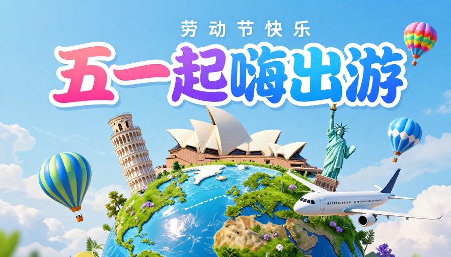 梦幻清新插画风五一出游海报,邀您嗨游世界