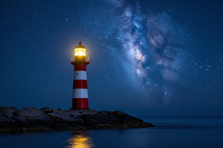 星夜灯塔:红白条纹照亮深蓝海岸
