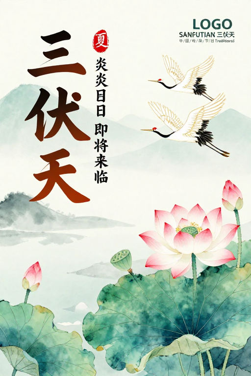 水墨淡雅三伏天：传统节气艺术海报