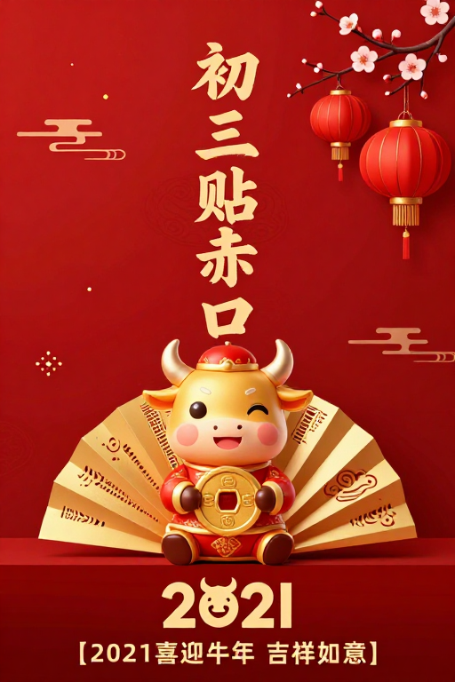 2021牛年春节海报：红色喜庆传统中国风新年祝福