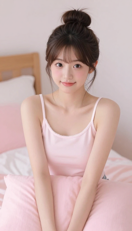 日系清纯少女写真:粉色卧室中的甜美瞬间