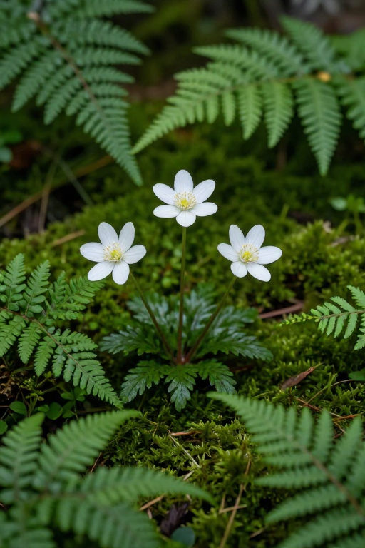 静谧林地：三朵白花点缀青绿苔藓的自然诗篇