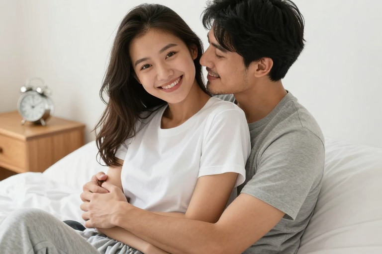 温馨拥吻：亚洲情侣床上浪漫时刻