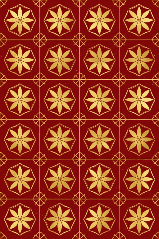 深红金纹古典几何阵列:现代中式吉祥纹样插画
