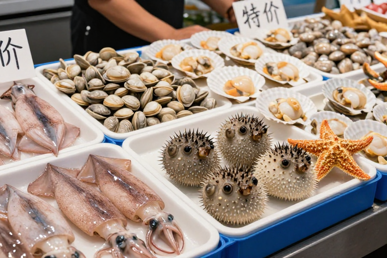 新鲜海产实拍:海鲜市场特价促销