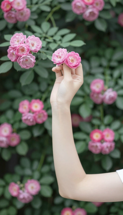 蔷薇花影:女子臂弯轻夹双朵娇蕊,唯美定格瞬间