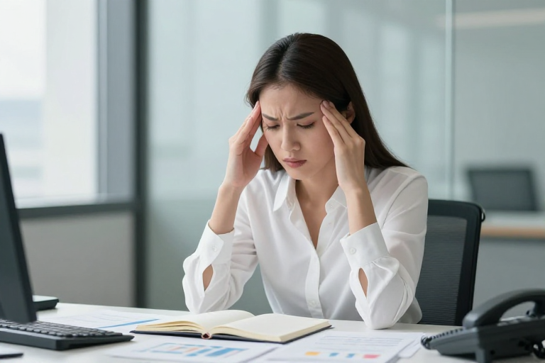 职场女性疲惫瞬间：冷调真实人像摄影